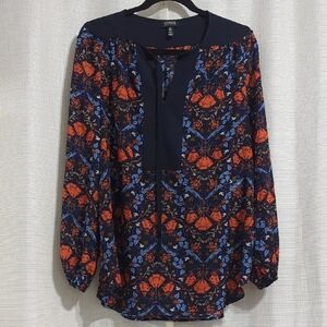 Jones NY Floral Split Neck Blouse Workwear Boho Navy Orange Large Cottagecore